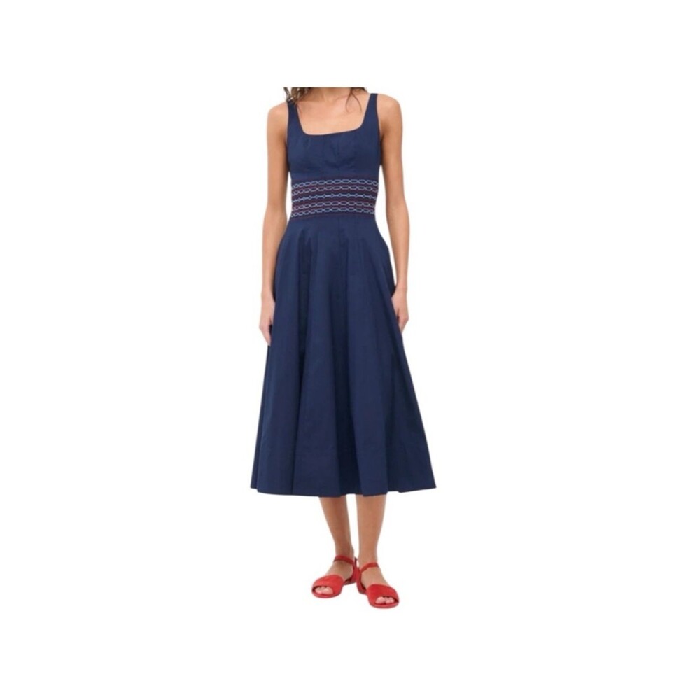 STAUD Rig Cotton Poplin Midi Dress  in Navy Blue